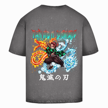 Oversize Washed T-Shirt Tanjiro Fire/Water Dragon Demon Slayer