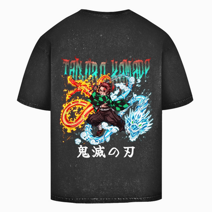 Oversize Washed T-Shirt Tanjiro Fire/Water Dragon Demon Slayer